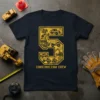 Construction Crew 5th Birthday T-Shirt featuring the number 5 filled with yellow construction vehicles and text "CONSTRUCTION CREW"