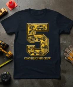Construction Crew 5th Birthday T-Shirt featuring the number 5 filled with yellow construction vehicles and text "CONSTRUCTION CREW"