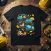 Construction Taco Truck T-Shirt featuring cartoon excavators, dump trucks, and cement mixers mixed with tacos, chili peppers, and lime slices