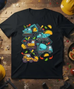Construction Taco Truck T-Shirt featuring cartoon excavators, dump trucks, and cement mixers mixed with tacos, chili peppers, and lime slices