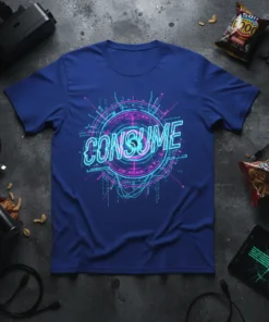 Blue t-shirt with "CONSUME" text in neon blue and pink futuristic digital circuit design