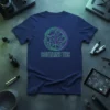 Navy blue t-shirt with the text "CONTAINS THC" and a neon green and purple outline of a marijuana leaf inside