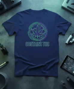 Navy blue t-shirt with the text "CONTAINS THC" and a neon green and purple outline of a marijuana leaf inside