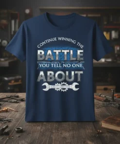 Navy t-shirt with the quote "CONTINUE WINNING THE BATTLE YOU TELL NO ONE ABOUT" in distressed white and silver typography