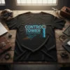 Black t-shirt with "CONTROL TOWER AVIATION TRAFFIC MANAGEMENT" text and airplane graphic