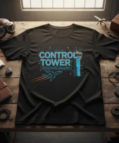 Black t-shirt with "CONTROL TOWER AVIATION TRAFFIC MANAGEMENT" text and airplane graphic