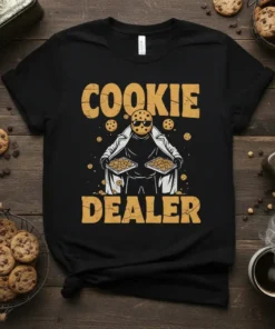Black t-shirt with "Cookie Dealer" text in distressed yellow font and a character holding cookie trays