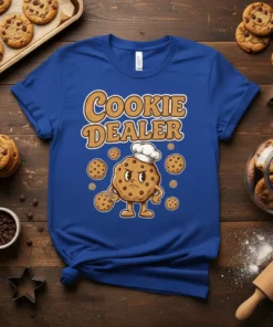 Cookie Dealer t-shirt design with a cartoon cookie character in a chef hat holding cookies