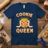 Cookie Queen text with crowned cookie graphic on a navy blue t-shirt, perfect for bakers