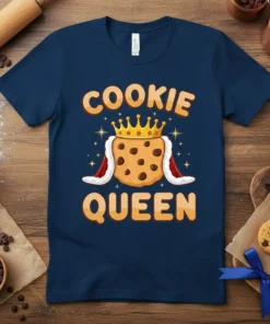 Cookie Queen text with crowned cookie graphic on a navy blue t-shirt, perfect for bakers