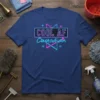 Navy blue t-shirt with "COOL AF Custodian" text in neon pink and blue, featuring geometric shapes