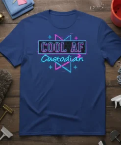 Navy blue t-shirt with "COOL AF Custodian" text in neon pink and blue, featuring geometric shapes