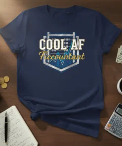 Navy blue t-shirt with "COOL AF Ficcountant" text and an abacus graphic, designed for accountants