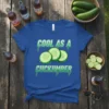 Cool As A Cucklumber text design with three sliced cucumbers, on a royal blue t-shirt