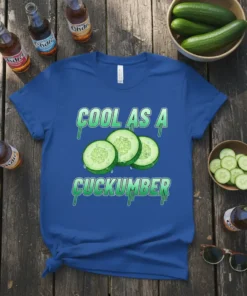 Cool As A Cucklumber text design with three sliced cucumbers, on a royal blue t-shirt