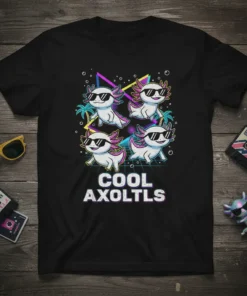 Cool Axolotls t-shirt design featuring four smiling axolotls wearing sunglasses with a retro 80s background
