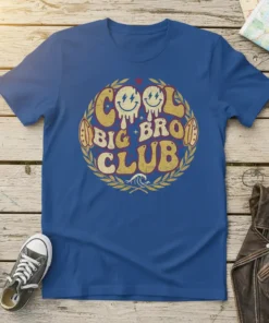 Cool Big Bro Club text design with dripping smiley faces and surfboards on a blue t-shirt
