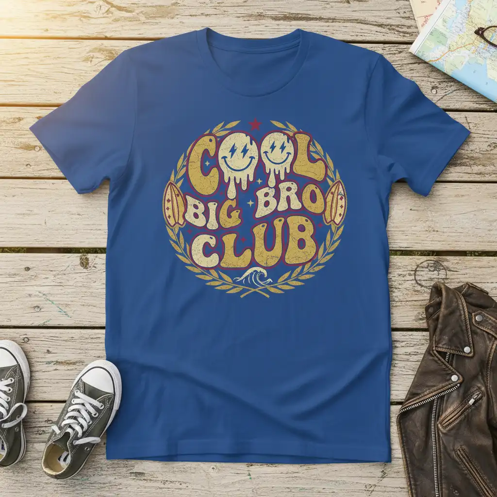 Cool Big Bro Club retro design with dripping smiley faces and surfboards on a t-shirt