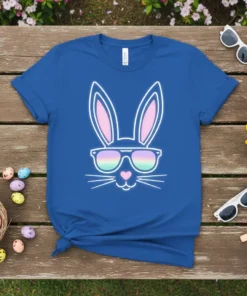 Cool Bunny Sunglasses graphic t-shirt featuring a cartoon bunny face with pastel gradient sunglasses and pink inner ears