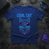 Cool Cat text in neon blue with a geometric cat wearing galaxy sunglasses on a navy blue t-shirt