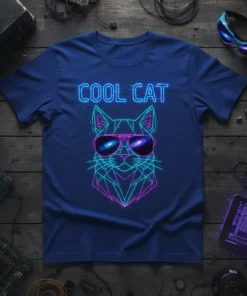 Cool Cat text in neon blue with a geometric cat wearing galaxy sunglasses on a navy blue t-shirt