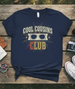 Navy t-shirt with "COOL COUSINS CLUB" text and retro sunglasses graphic