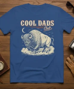 Cool Dads Club t-shirt featuring a vintage buffalo graphic and text, available in multiple sizes and colors