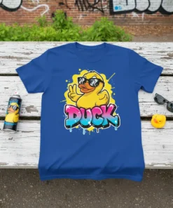 Blue t-shirt with "DUCK" in graffiti style, featuring a sunglasses-wearing duck giving peace sign