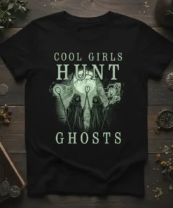 Cool Girls Hunt Ghosts t-shirt design with three cloaked figures holding glowing staffs amidst smoky ghosts and a full moon
