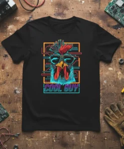 Cool Guy text and chicken graphic with sunglasses on a black t-shirt, retro tech neon circuit board design