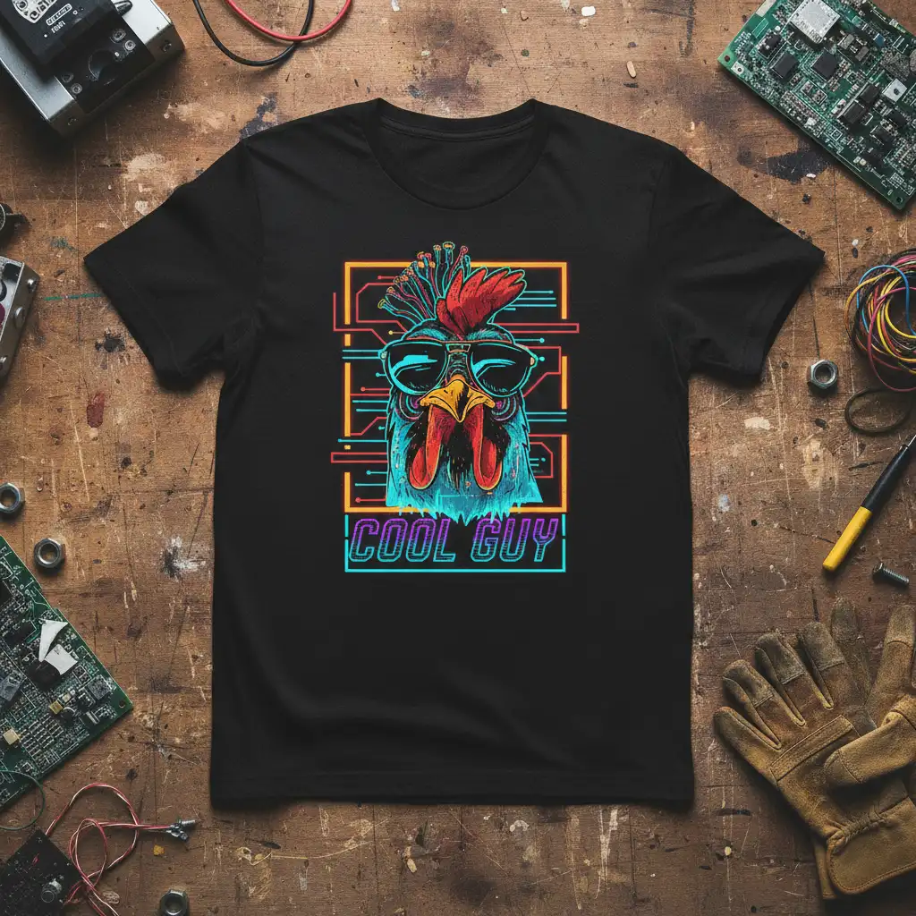 Cool Guy chicken with sunglasses on black t-shirt, retro neon circuit board graphic