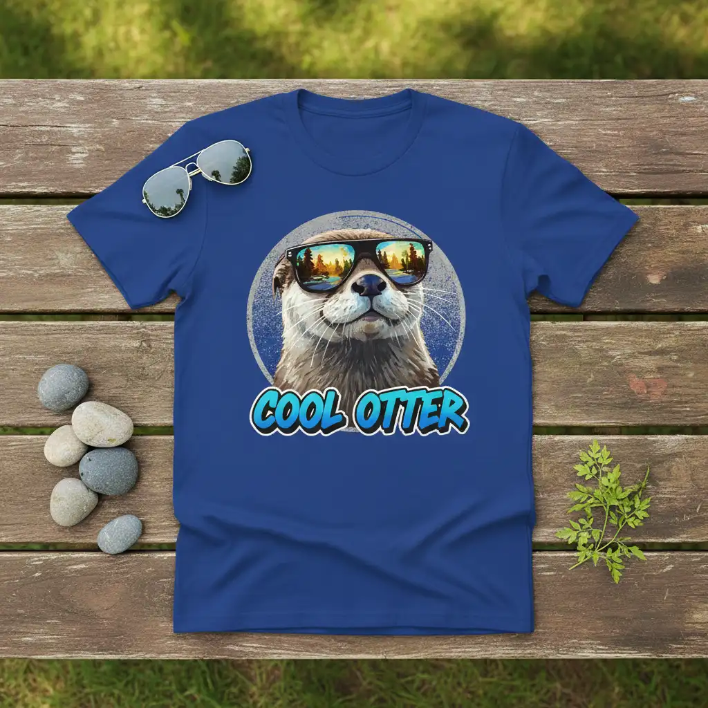 Cool Otter t-shirt design featuring a smiling otter wearing sunglasses reflecting a forest landscape