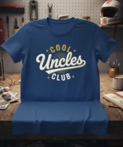 Cool Uncles Club text graphic on a blue t-shirt, featuring retro typography and star accents