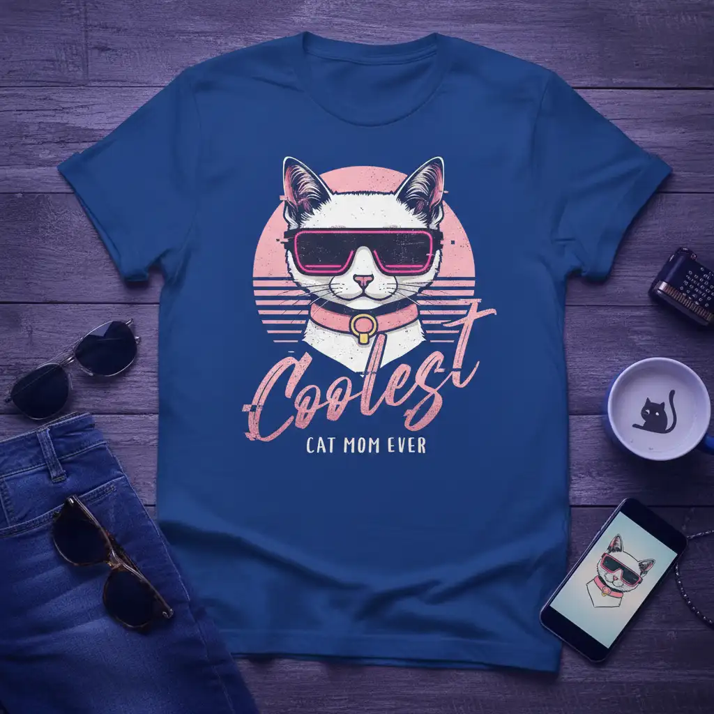 Coolest Cat Mom Ever text design with sunglasses-wearing cat graphic and retro sunset
