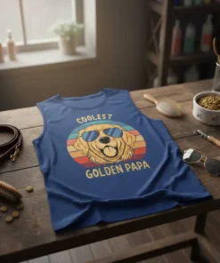 Coolest Golden Papa text with a retro Golden Retriever wearing sunglasses on a blue t-shirt