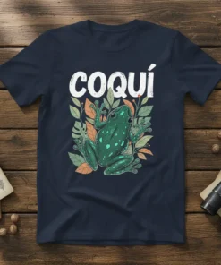 Coqui frog illustration with the word "coquí" above it, surrounded by tropical leaves on a navy blue t-shirt