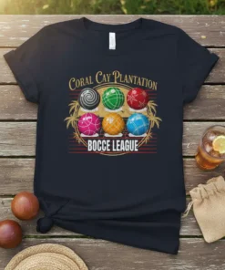 Coral Cay Plantation Bocce League t-shirt with colorful bocce balls and palm trees graphic