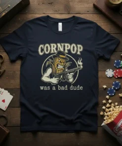 Cornpop was a bad dude t-shirt with a vintage gangster corn character holding a gun