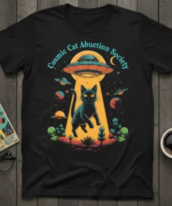 Cosmic Cat Abduction Society t-shirt design with a black cat, UFO, aliens, and planets in a colorful space theme