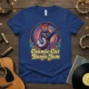 Cosmic Cat Banjo Jam t-shirt design featuring a psychedelic cat playing a banjo in a colorful galaxy background with wavy