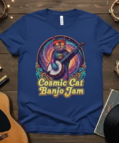Cosmic Cat Banjo Jam t-shirt design featuring a psychedelic cat playing a banjo in a colorful galaxy background with wavy