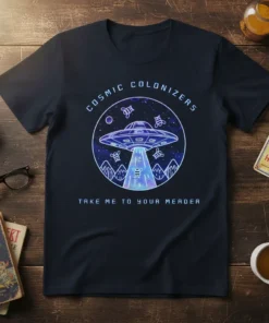 Cosmic Colonizers Take Me To Your Meader t-shirt featuring a UFO beaming down, surrounded by bees and mountains, with text