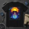 Cosmic Goddess Earth Throne T-Shirt design featuring a woman on Earth with a sun and galaxy background, celestial art