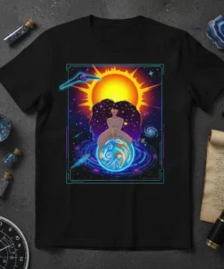 Cosmic Goddess Earth Throne T-Shirt design featuring a woman on Earth with a sun and galaxy background, celestial art