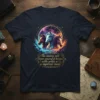 The cosmos and three powerful horses unite under a mystical moon t-shirt design featuring celestial horses and cosmic background