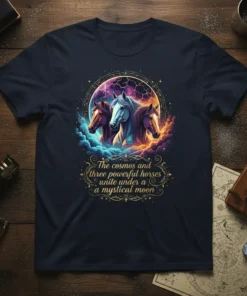 The cosmos and three powerful horses unite under a mystical moon t-shirt design featuring celestial horses and cosmic background