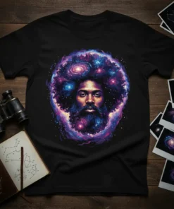 Cosmic Man Afro Nebula T-Shirt featuring a man with a galaxy beard and nebula hair, space art design