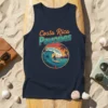 Retro Costa Rica Pavones surf tank top featuring a surfer riding a large wave, palm trees, and a sunset graphic