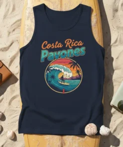 Retro Costa Rica Pavones surf tank top featuring a surfer riding a large wave, palm trees, and a sunset graphic