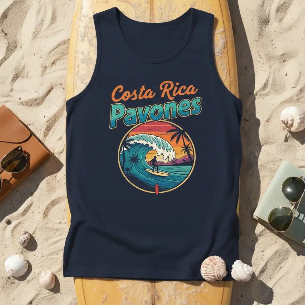 Costa Rica Pavones vintage retro graphic tank top with surfer riding a large wave and palm trees